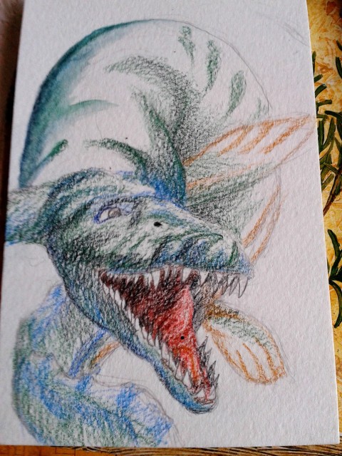 Julian's Mosasaurus utkast watercolor pencils akvarellpennor 21